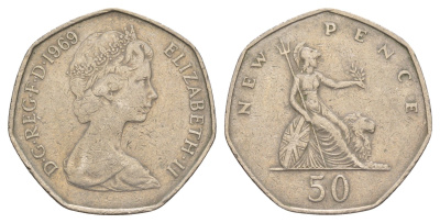 Великобритания 50 пенсов 1969 Елизавета II (1952-2022) KM 913, Spink 4223 медно-никель 4634-543