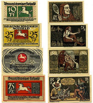 ВЕСТФАЛИЯ НАБОР ИЗ 4 БАНКНОТ 1 МАЯ 1921 - 1 МАЯ 1923, НОТГЕЛЬД (10, 25, 50, 75 ПФЕННИГОВ), ЗЕМЛЯ СЕВЕРНЫЙ РЕЙН-ВЕСТФАЛИЯ, СЕРИЯ EULENSPIEGEL Grabowski 155.1 бумага 2193-7-4-1