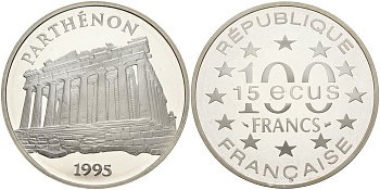 Франция 100 франков - 15 экю 1995 серия архитектурные монументы Европы (Парфенон в Афинах), в коробке с сертификатом KM 1114 серебро  PROOF  5-6-1-39