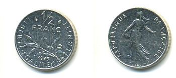ФРАНЦИЯ 1/2 ФРАНКА 1995 KM 931.1 никель 57-1114