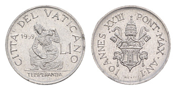 Ватикан 1 лира 1959 Иоанн XXIII (1958-1963) KM 58 алюминий UNC 603-633