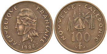 Французская Новая Каледония 100 франков 1984 хижина среди сосен и пальм, (IEOM) KM 15, Schoen 16, Lec 134 никель латунь 4137-645