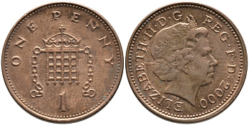 Великобритания 1 пенни 2000 Елизавета II (1952-2022) KM 986, Spink 4710 (B5) сталь плакированная медью 65-916