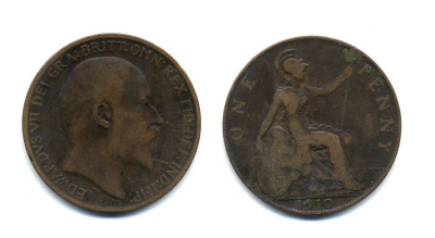 Великобритания 1 пенни 1910 Эдуард VII (1901-1910) KM 794.2, Spink 3990 бронза 47-734