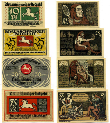 ВЕСТФАЛИЯ НАБОР ИЗ 4 БАНКНОТ 1 МАЯ 1921 - 1 МАЯ 1923, НОТГЕЛЬД (10, 25, 50, 75 ПФЕННИГОВ), ЗЕМЛЯ СЕВЕРНЫЙ РЕЙН-ВЕСТФАЛИЯ, СЕРИЯ EULENSPIEGEL Grabowski 155.1 бумага 2193-7-4-1