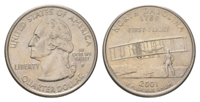 США 25 центов (квотер, 1/4 доллара) 2001 P, Квотер штата Северная Каролина KM 319 медь плакированный медно-никелем UNC 4628-1147