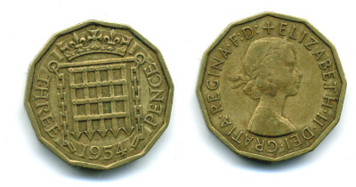 Великобритания 3 пенса 1954 Елизавета II (1952-2022) KM 900, Spink 4153 никель латунь 89-1142