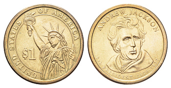 США 1 доллар 2008 D, Президент США - Эндрю Джексон (1829-1837) KM 428 медь с марганцево-латунным покрытием UNC 4703-1221