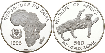 Заир 500 новых заиров 1996 серия защита окружающей среды, леопард, тираж 10000 экз. KM 20 серебро PROOF 1074-5-61