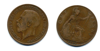Великобритания 1 пенни 1921 Георг V (1910-1936) KM 810, Spink 4051 бронза 47-616