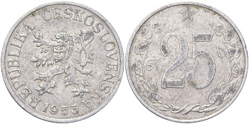 Чехословакия 25 геллеров 1953 KM 39 алюминий 4163-1153
