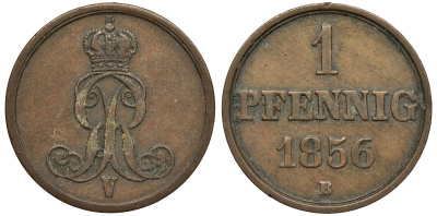 Ганновер 1 пфенниг 1856 B, Георг V KM 221, AKS 155, J. 83 медь 4594-228