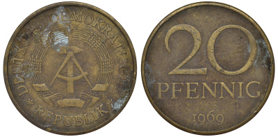 ГДР 20 пфеннигов 1969 А, первый год KM 11 латунь 62-1012