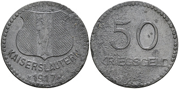 ГЕРМАНИЯ ПФАЛЬЦ КАЙЗЕРЗЛАУТЕРН 50 ПФЕННИГОВ 1917 КРИГСГЕЛЬД цинк 75-1646