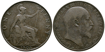 Великобритания 1 пенни 1905 Эдуард VII (1901-1910) KM 794.2, Spink 3990 бронза 37-1011