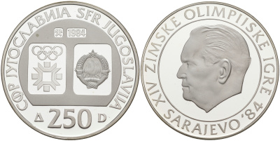 Югославия 250 динаров 1984 XIV зимние Олимпийские игры в Сараево 1984 года, БРОЗ ТИТО KM 108 серебро PROOF 00-00