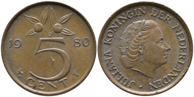 Нидерланды 5 центов 1980 Юлиана (1948-1980) KM 181 бронза 65-1236