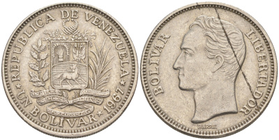 Венесуэла 1 боливар 1967 Симон Боливар KM 42 никель 63-243