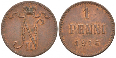 РОССИЯ ДЛЯ ФИНЛЯНДИИ 1 ПЕННИ 1916 НИКОЛАЙ II (1895-1917) KM 13, Биткин 476 медь 211-1055