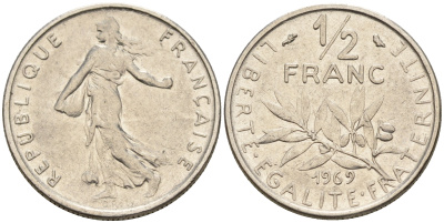 Франция 1/2 франка 1969 сеятель KM 931.1 никель      4602-555