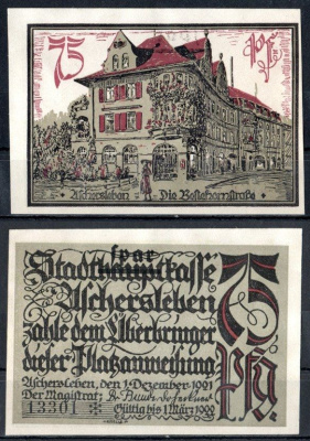 Ашерслебен (Пруссия, Саксония) 75 пфеннигов 1921 Mehl Grabowski 50.3-5/5 бумага UNC (пресс) 7556-46-3-1