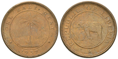 Либерия 1/2 цента 1937 KM 10 латунь aUNC 4585-729
