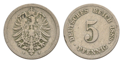 Германия 5 пфеннигов 1889 F, Вильгельм II (1888-1918) KM 3, J. 3, Weege 5 медно-никель 4639-1255