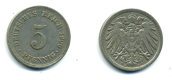 ГЕРМАНИЯ 5 ПФЕННИГОВ 1900 A, KM 11, J. 12 медно-никель 54-368