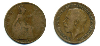 Великобритания 1 пенни 1920 Георг V (1910-1936) KM 810, Spink 4051 бронза 41-325