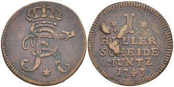 Гессен-Кассель 1 геллер 1743 Фридрих I (1730-1751), вес 2,19 гр. KM 400 медь 1517-1133