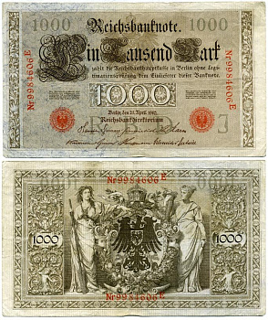 ГЕРМАНИЯ 1000 МАРОК 1910 J КРАСНАЯ ПЕЧАТЬ Pick 44в бумага 7146-59-1