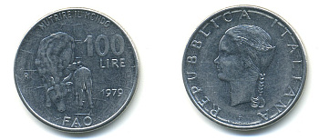 Италия 100 лир 1979 R, FAO, корова с теленком KM 106 нержавеющая сталь 4379-413