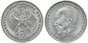ФРГ 2 МАРКИ 1975 D, КОНРАД АДЕНАУЭР KM 124, J. 406 медно-никель плакированный никелем плакированный никелем UNC 72-456