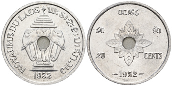 Лаос 20 центов 1952 король Сисаванг Вонг (1904-1959), слоны KM 5 алюминий  aUNC  4367-222