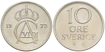 Швеция 10 эре 1973 U, Густав VI Адольф (1950-1973) KM 835 медно-никель 4516-761
