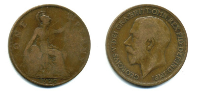 Великобритания 1 пенни 1920 Георг V (1910-1936) KM 810, Spink 4051 бронза 41-325