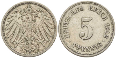 ГЕРМАНИЯ 5 ПФЕННИГОВ 1912 A KM 11, J. 12 медно-никель 105-159