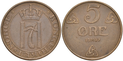НОРВЕГИЯ 5 ЭРЕ 1939 ХОКОН VII (1905-1957) KM 368 бронза 4556-235