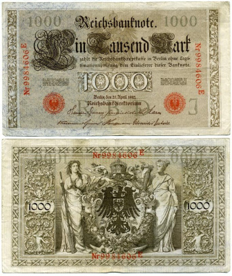 ГЕРМАНИЯ 1000 МАРОК 1910 J КРАСНАЯ ПЕЧАТЬ Pick 44в бумага 7146-59-1