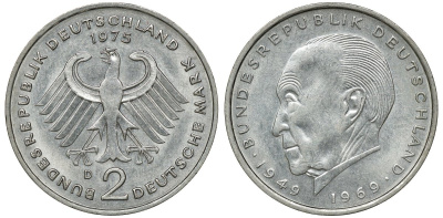 ФРГ 2 МАРКИ 1975 D, КОНРАД АДЕНАУЭР KM 124, J. 406 медно-никель плакированный никелем плакированный никелем UNC 72-456