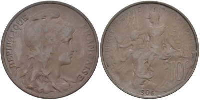 ФРАНЦИЯ 10 САНТИМОВ 1906 ТИП ДАНИЭЛЬ ДЮПЮИ KM 843, LA FRANC 136.16 бронза 109-222