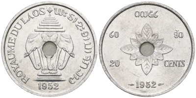 Лаос 20 центов 1952 король Сисаванг Вонг (1904-1959), слоны KM 5 алюминий  aUNC  4367-222