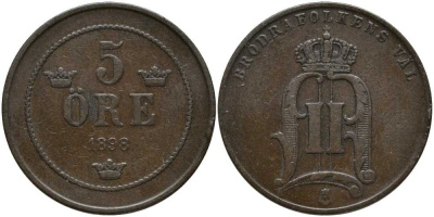 Швеция 5 эре 1898 Оскар II (1872-1907) король Швеции и Норвегии KM 736 бронза 180-723