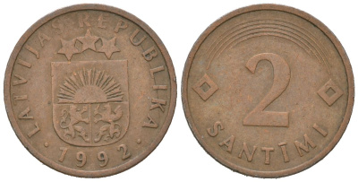 Латвия 2 сантима 1992 KM 21 сталь плакированная медью 4618-439