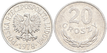 ПОЛЬША 20 ГРОШЕЙ 1978 MW KM А47 алюминий 106-455