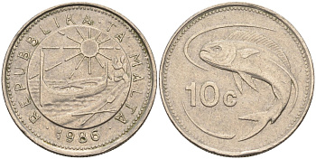 Мальта 10 центов 1986 золотая макрель KM 76 медно-никель 4588-168