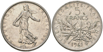 Франция 5 франков 1961 сеятель KM 926, Le Franc 340.5 серебро 4389-231