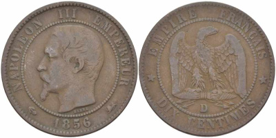 Франция 10 сантимов 1856 D, Наполеон III (1852-1870) KM 771.4, Le Franc 133.35 бронза    4680-542