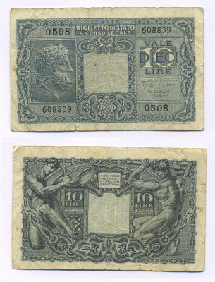 Италия 10 лир 1944 Pick 32b бумага 7146-16-3-2