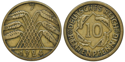 ГЕРМАНИЯ 10 РЕНТЕНПФЕННИГОВ 1924 J KM 33, J. 309, Weege 8 алюминиевая бронза 72-1534
